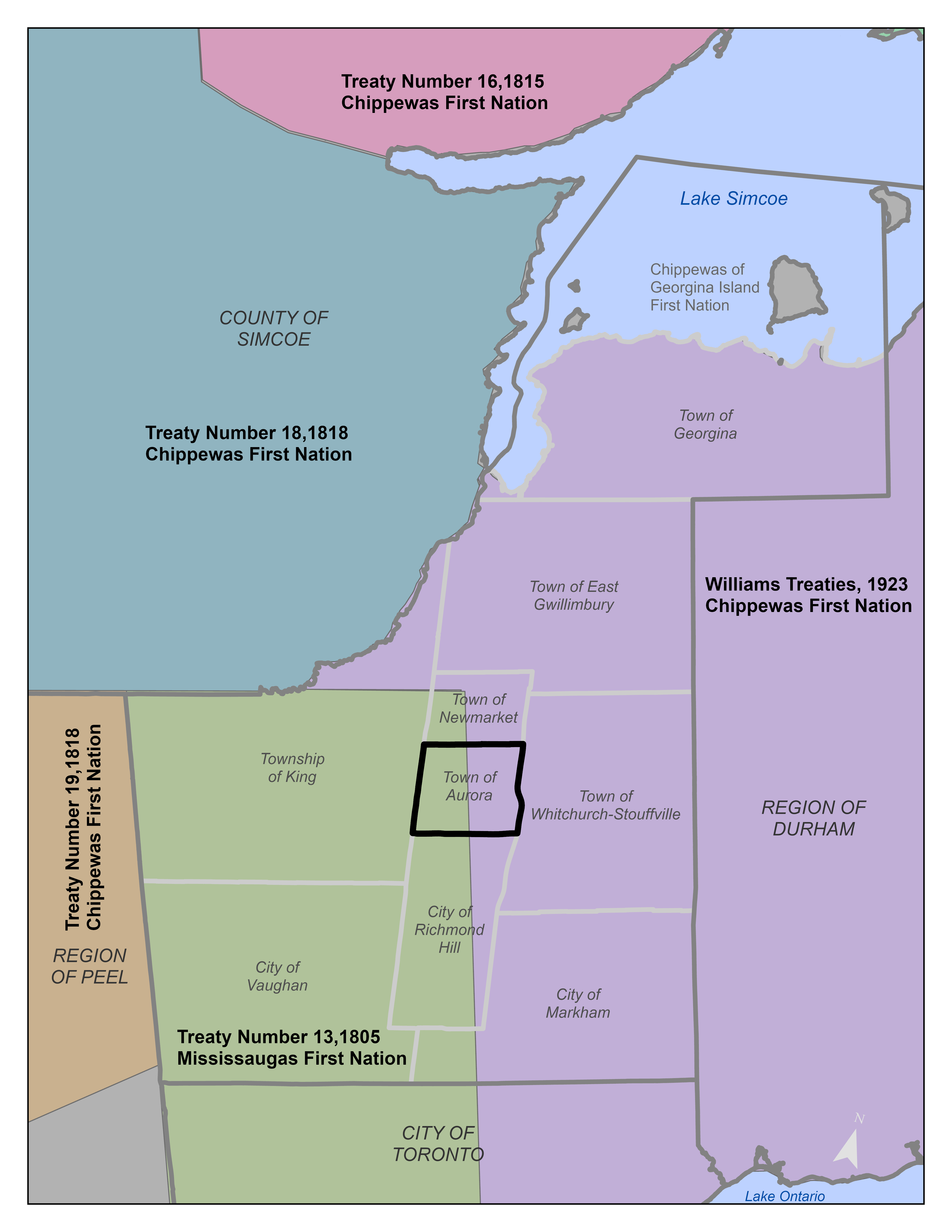 A map of York Region and surrounding area that shows Treaty, Municipal, and Regional boundaries. Aurora's boundaries are highlighted