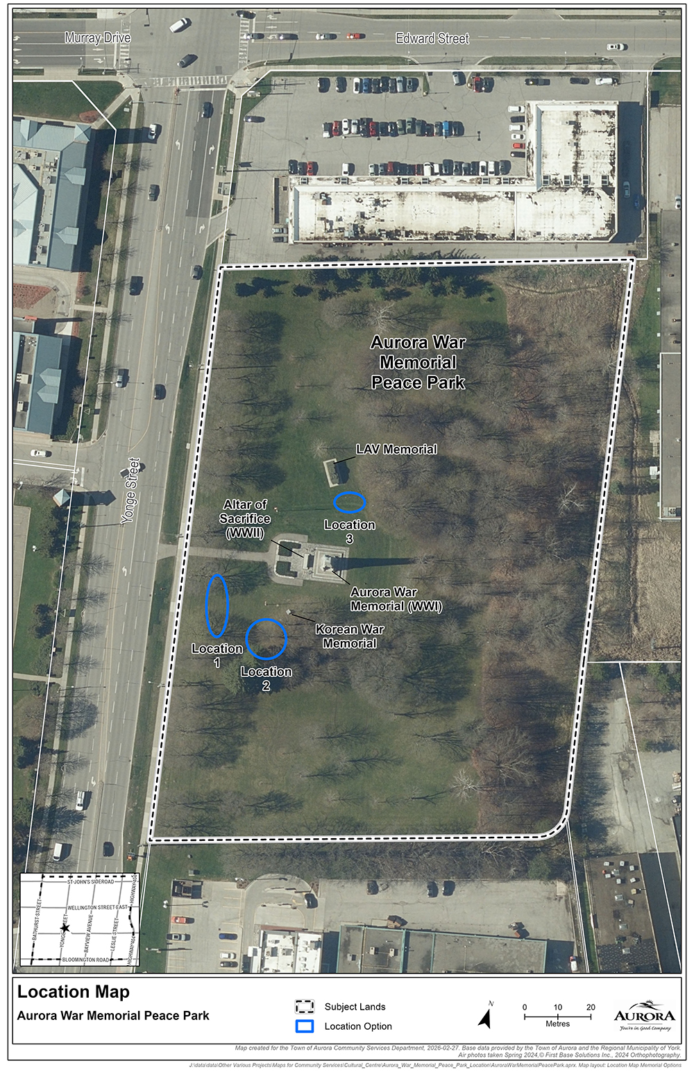 Satellite view of Aurora War Memorial Peace Park, surrounded by streets and parking lots