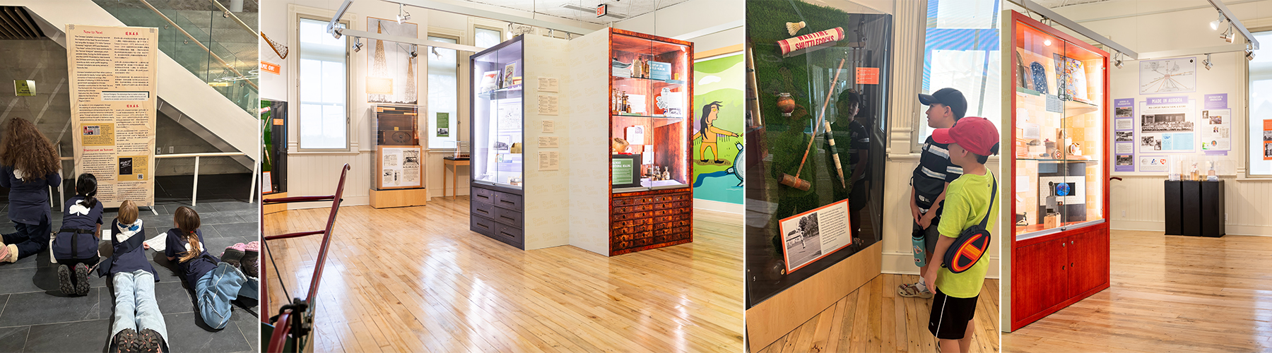 "Four images of areas in the museum, two of them with children looking at displays"