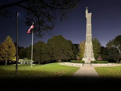 Nighttime picture of tour surrounded by trees