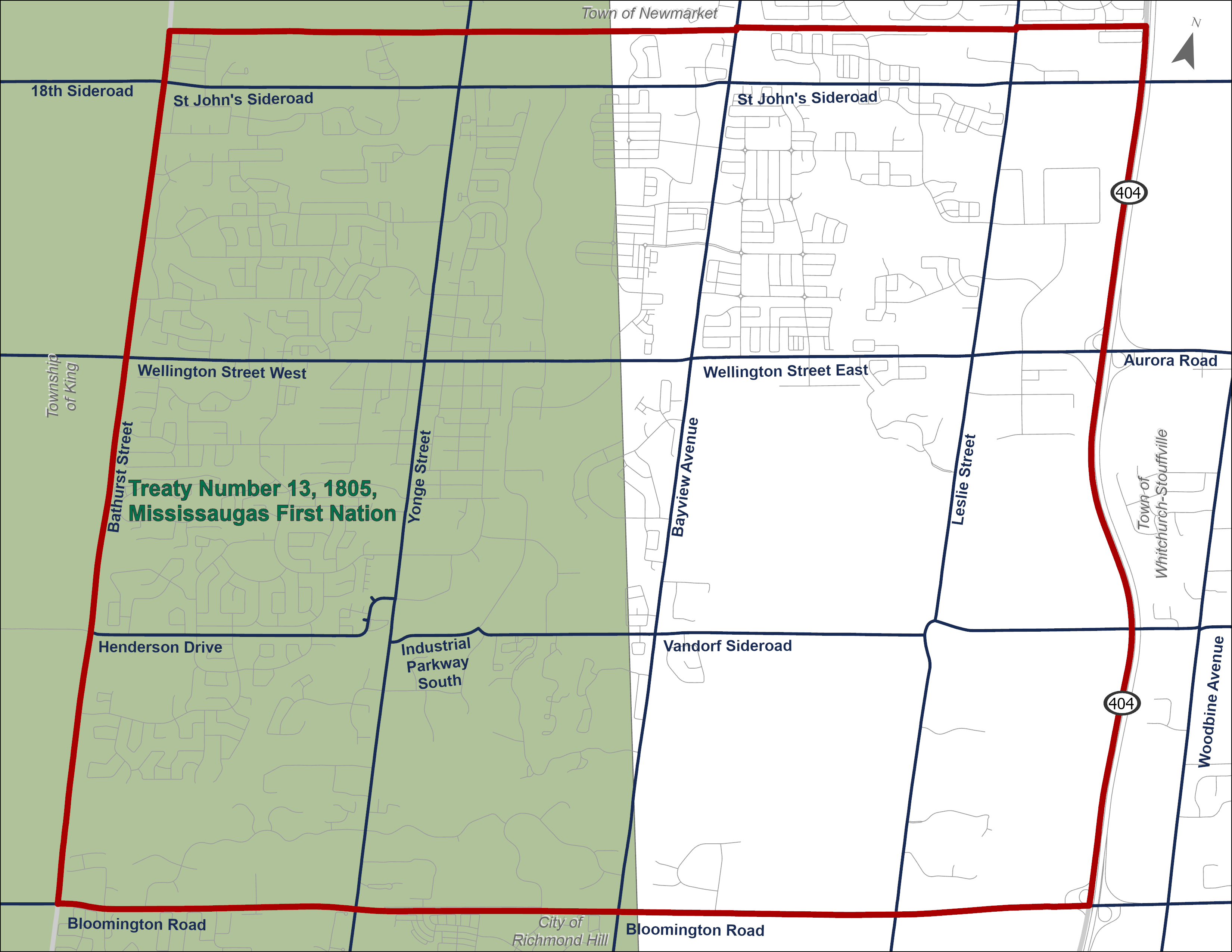 Simple map showing Aurora's boundaries and the area that is part of Treaty #13.